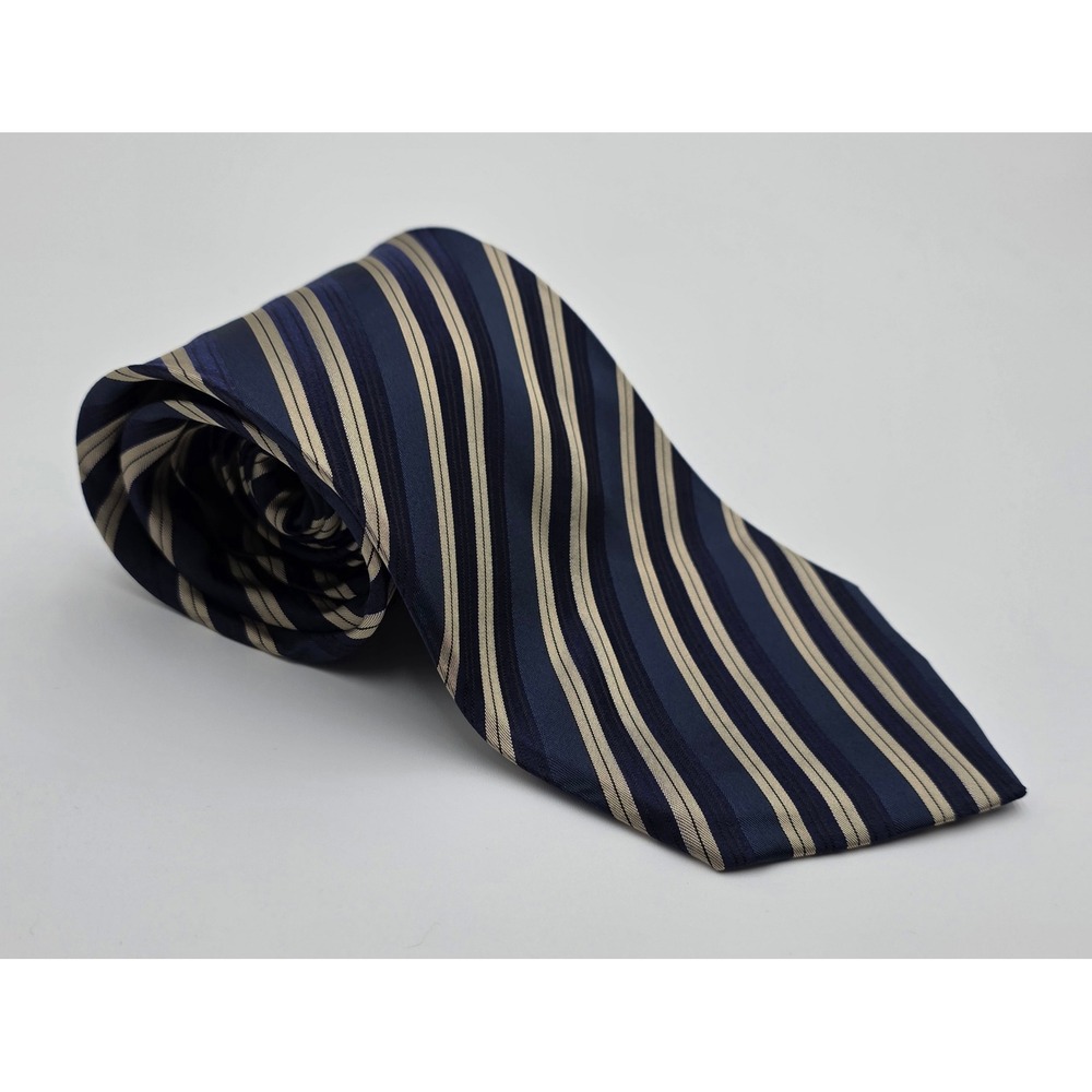 LINUS Silk Tie Navy Blue Gold Stripe Mens Necktie Made in Italy